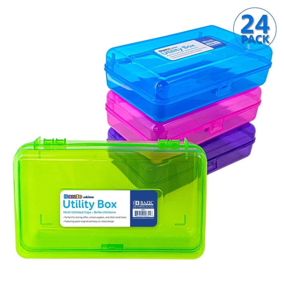 BAZIC Plastic Pencil Case Utility Storage Box, Bright Color, 24-Pack