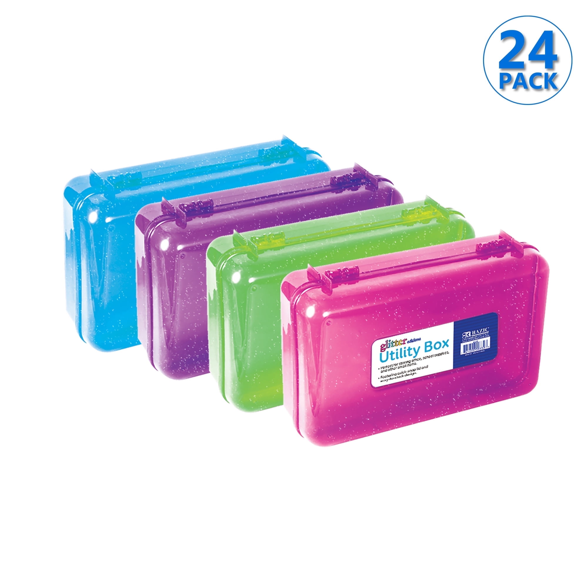 BAZIC Plastic Pencil Case Utility Storage Box, Glitter Bright Color, 24-Pack