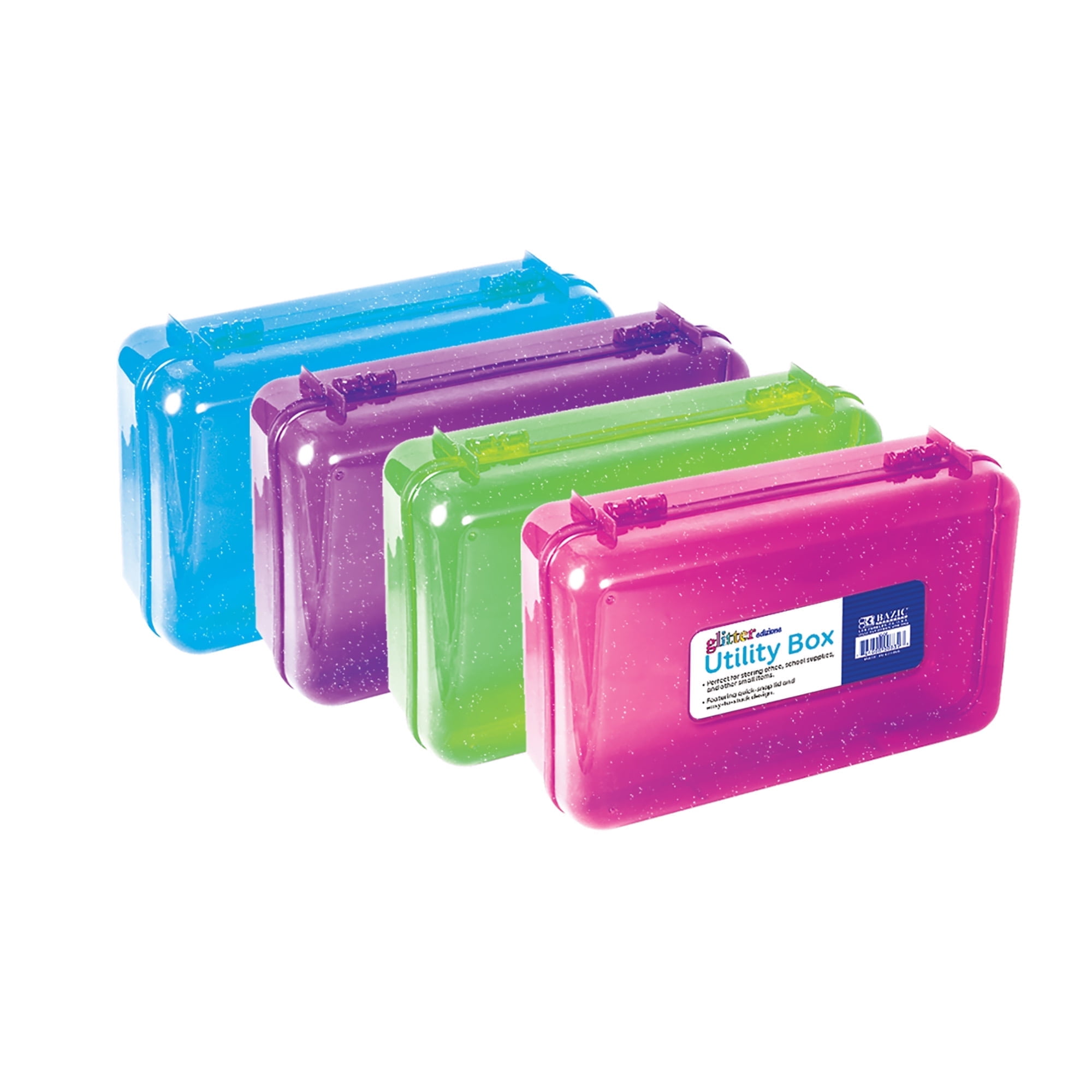 BAZIC Plastic Pencil Case Utility Storage Box, Glitter Bright Color, 4-Pack