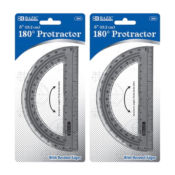 BAZIC Plastic Protractor Semicircular 6 Inch 180 Degrees, 2-Packs