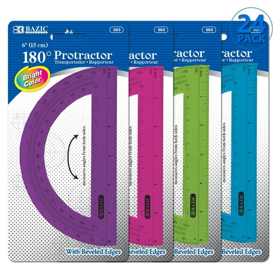 BAZIC Plastic Protractor Semicircular 6 Inch 180 Degrees, 24-Pack
