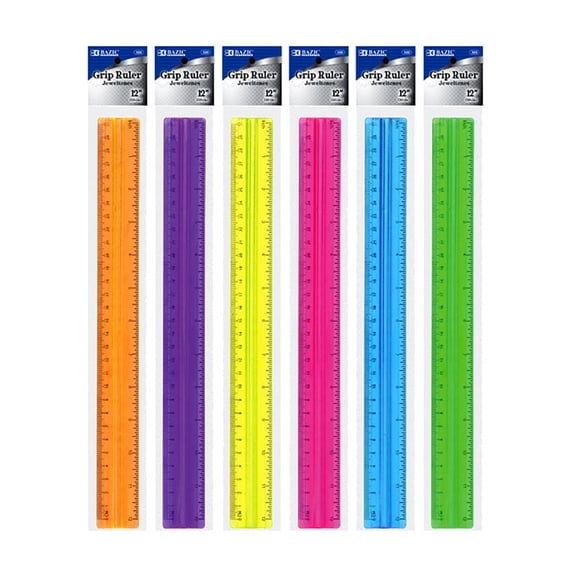 BAZIC Plastic Ruler 12" (30cm) w/ Handle Grip, Assorted Color, 6-Pack