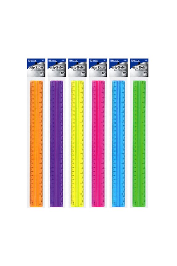 BAZIC Plastic Ruler 12" (30cm) w/ Handle Grip, Assorted Color, 6-Pack