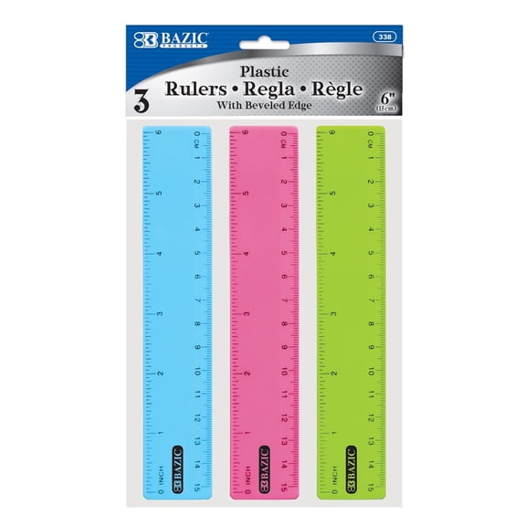 BAZIC Plastic Ruler 6" (15cm), Students School Supplies (3/Pack), 1-Pack