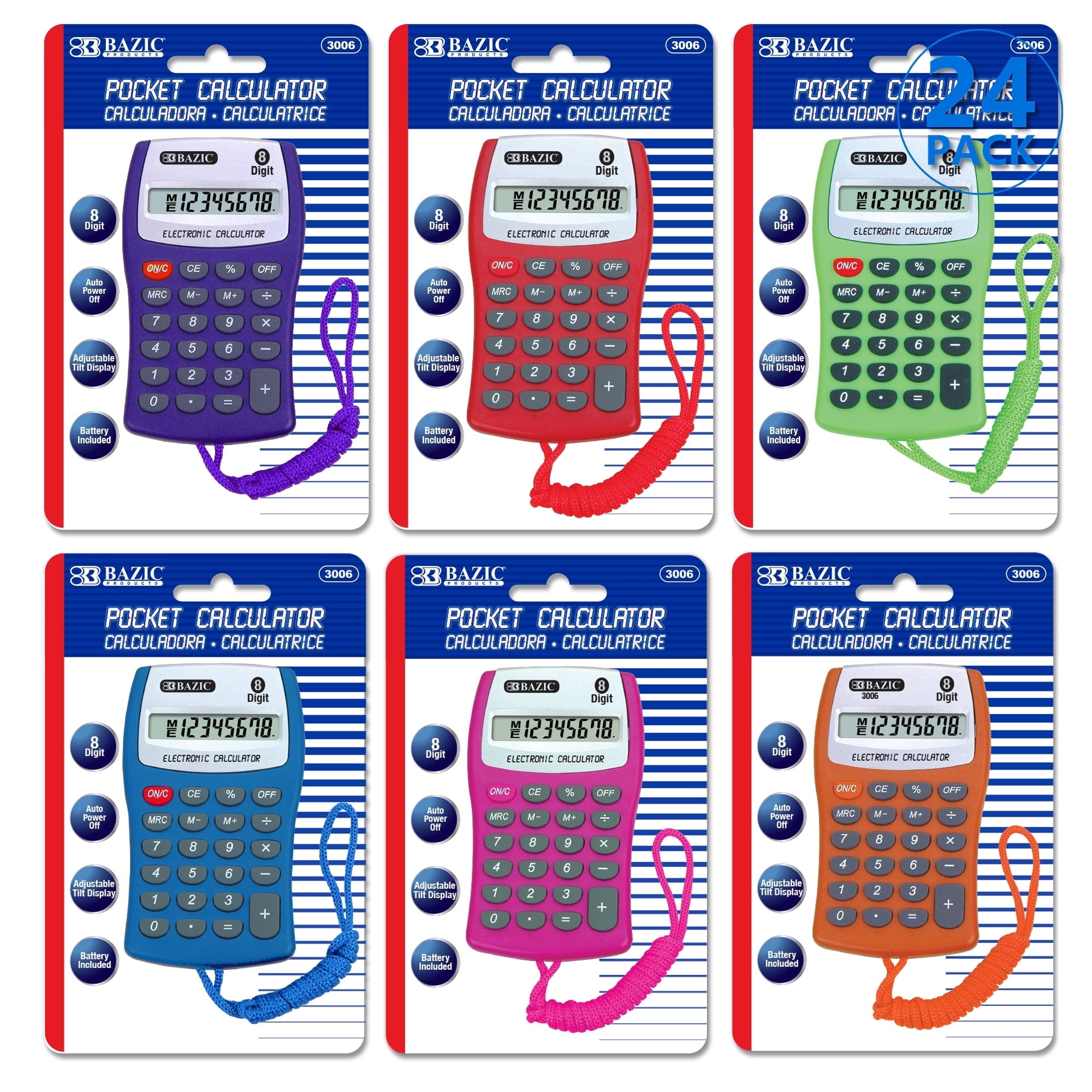 BAZIC Pocket Size Calculator 8-Digit Neck String, LCD Display, 24-Pack