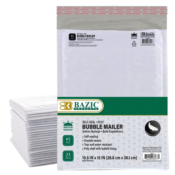 BAZIC Poly Bubble Mailers 10.5" x 15" #5 Padded Shipping Envelope, 100 Count