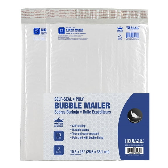 BAZIC Poly Bubble Mailers 10.5" x 15" #5 Padded Shipping Envelope, 2-Count