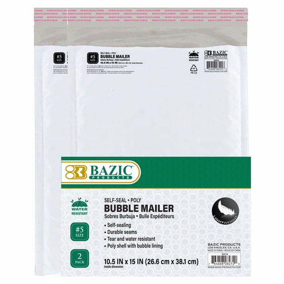 BAZIC Poly Bubble Mailers 10.5" x 15" #5 Padded Shipping Envelope, 2-Count