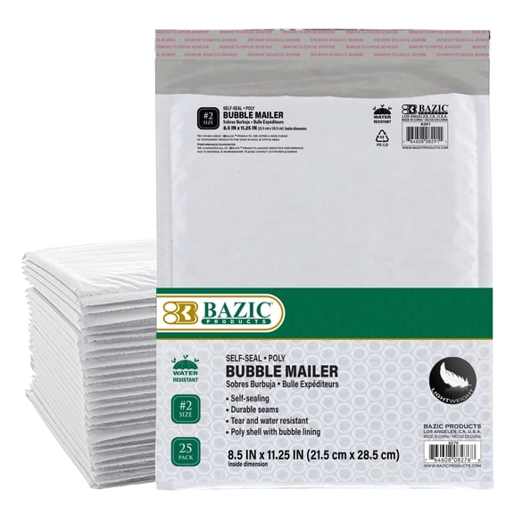 BAZIC Poly Bubble Mailers 8.5" x 11.25" #2 Padded Shipping Envelope, 25-Count