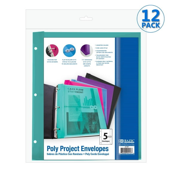 BAZIC Poly Envelope Binder Pocket Folder, 3 Hole Punched, Clear Letter A4 Size Document Folder (5/Pack), 12-Packs