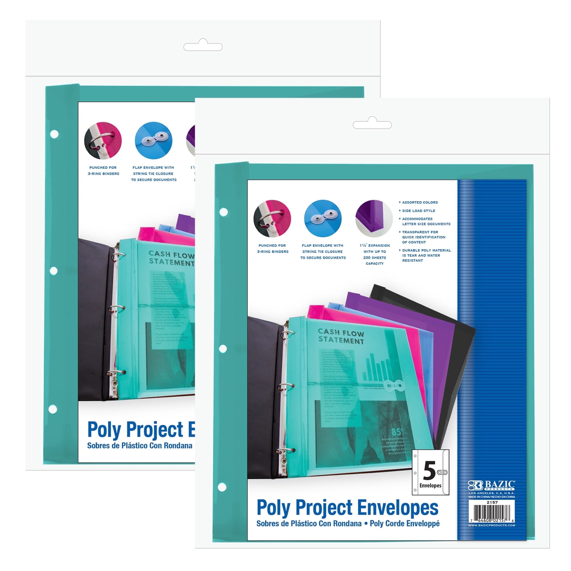 BAZIC Poly Envelope Binder Pocket Folder, 3 Hole Punched, Clear Letter A4 Size Document Folder (5/Pack), 2-Packs
