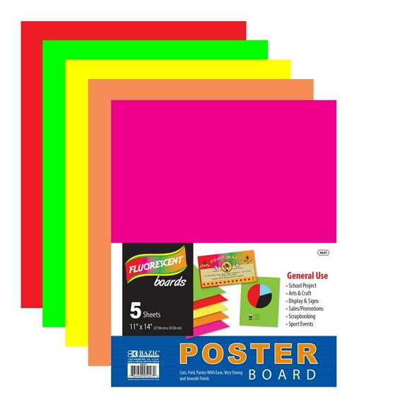 BAZIC Poster Board 11" X 14" Assorted Neon Poster Board (5/Pack), 48-Pack