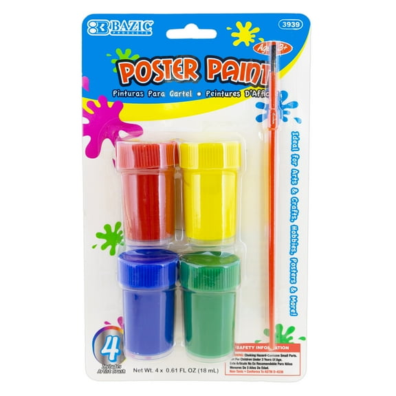 BAZIC Poster Paint w/ Brush 2.44oz/72ml, 4 Color Non-Toxic Paint, 1-Pack