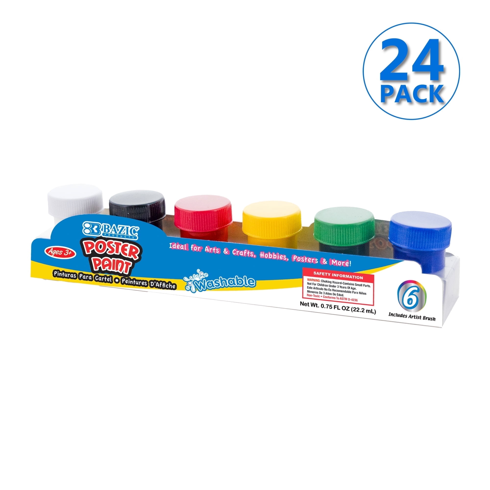 BAZIC Poster Paint w/ Brush 4.5oz/133ml, 6 Color Non-Toxic Paint, 24-Packs