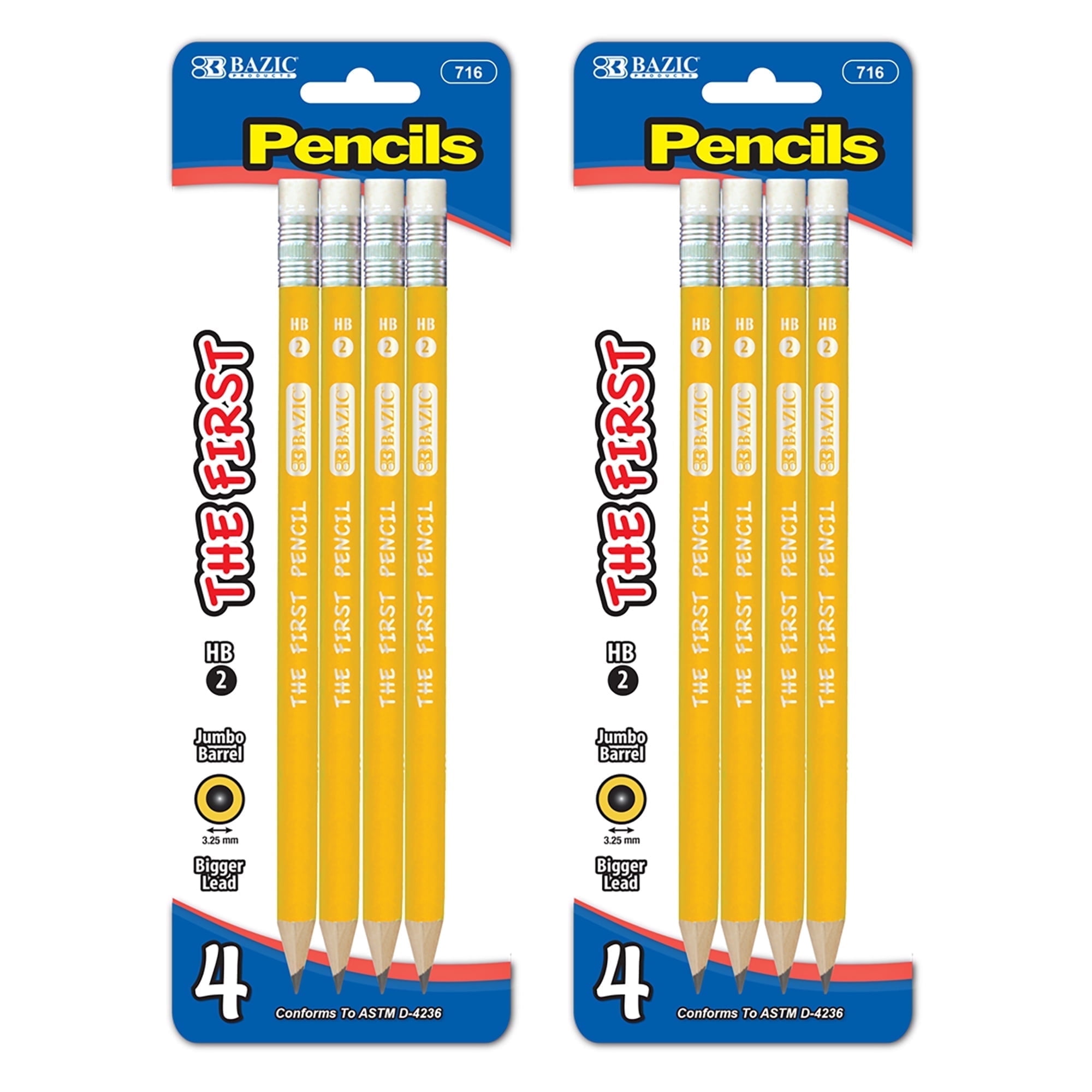 BAZIC Pencil Wood Pre-Sharpened #2 HB Jumbo Pencils, Latex Free Eraser (4/Pack), 2-Packs