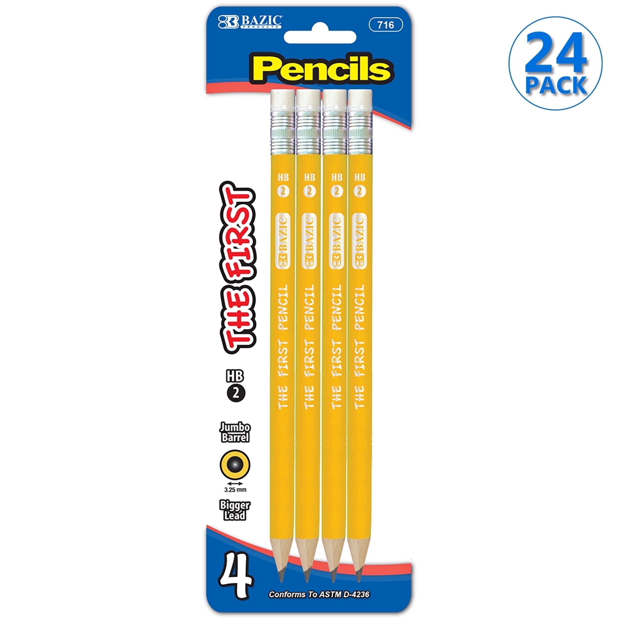 BAZIC Pre-Sharpened #2 HB Jumbo Pencils, Latex Free Eraser, (4/Pack), 24-Pack