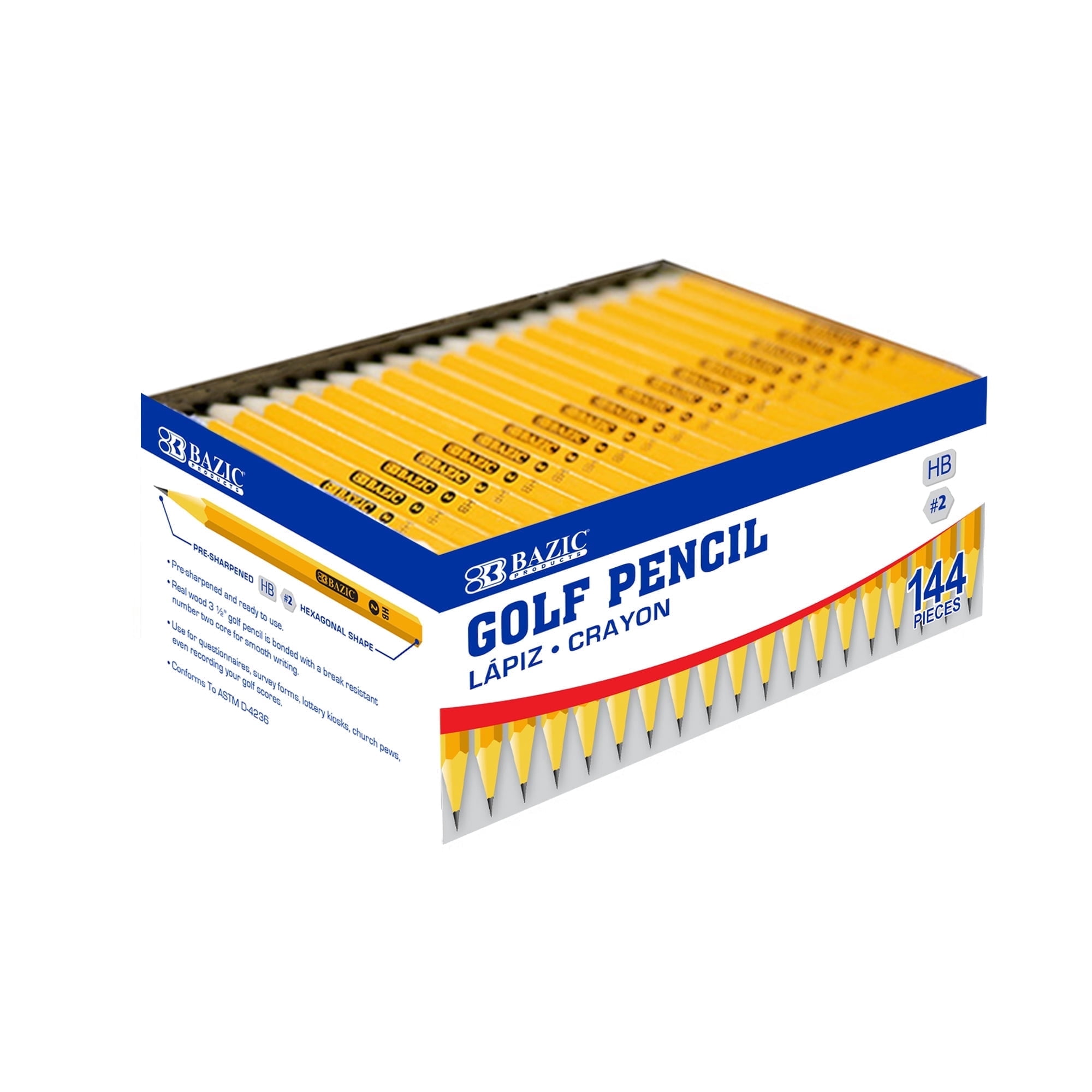 BAZIC Pre-Sharpened Yellow Golf Pencils #2 HB, Bulk Pack (144/Pack), 12-Pack