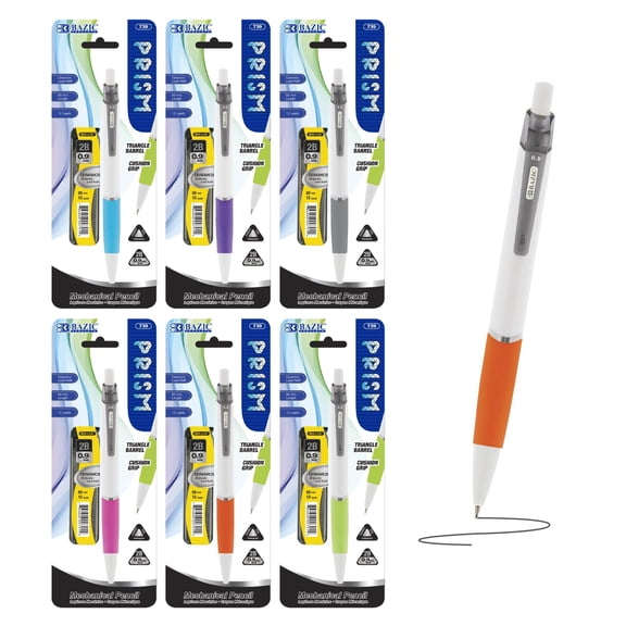 BAZIC Prism Mechanical Pencil 0.9mm w/ Refill 2B Ceramic Lead, 6-Pack