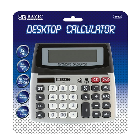 BAZIC Products 12-Digit Dual Power Desktop Calculator with Adjustable Display