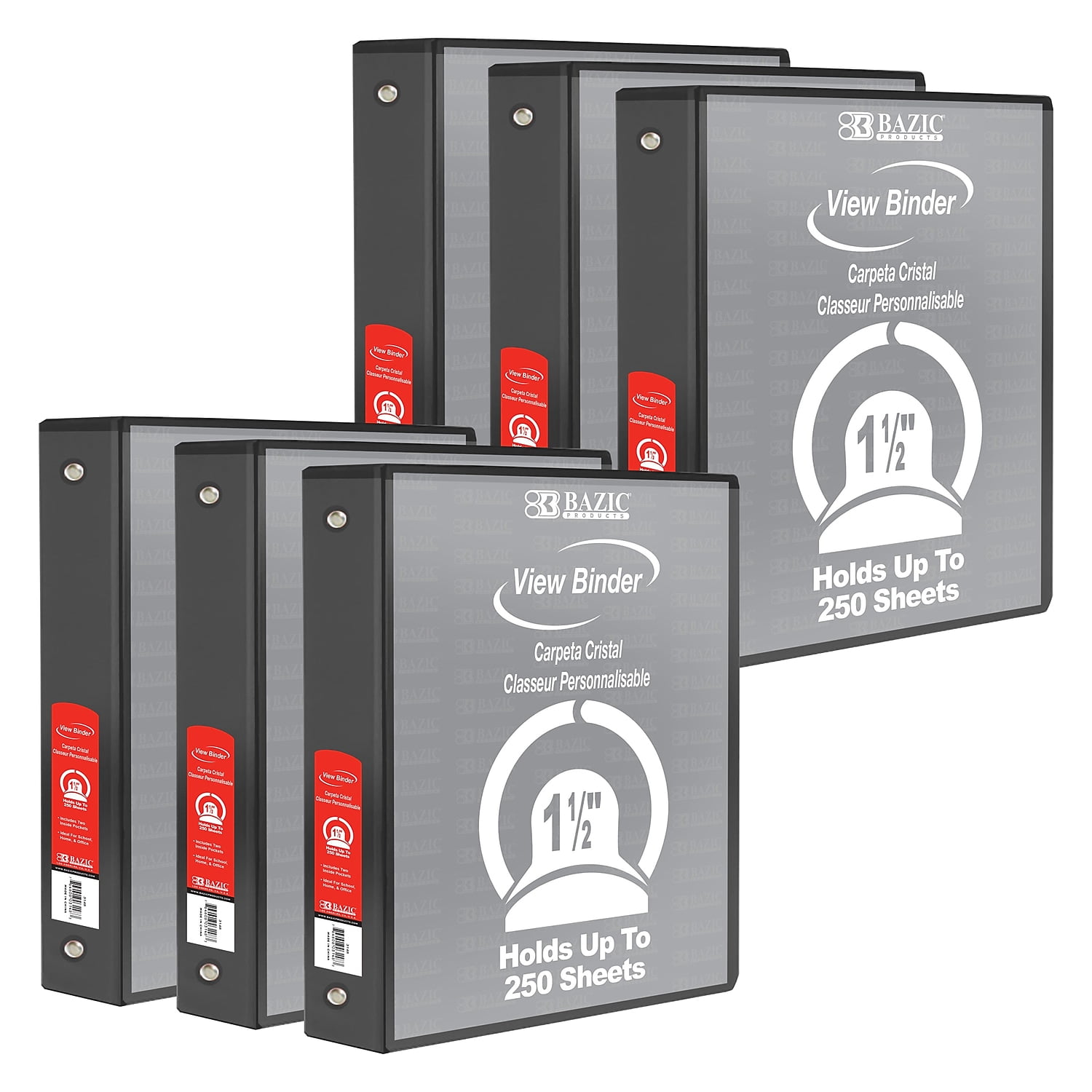 BAZIC Products 3-Ring View Binder with 2 Pockets, 1.5", Black, Pack of 6