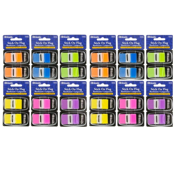 Bazic Standard Flags with Dispenser 1" Wide Assorted Neon 60 Per Pack 12 Packs (BAZ5173-12)