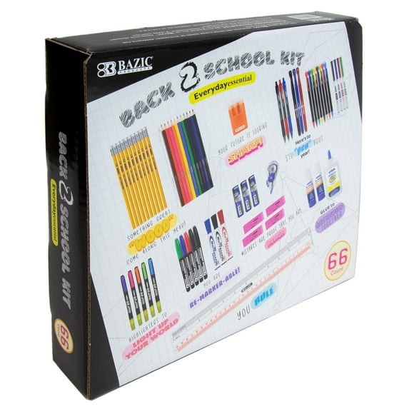 BAZIC Products Back to School Kit Stationery Set, Multicolor, 66 Pieces