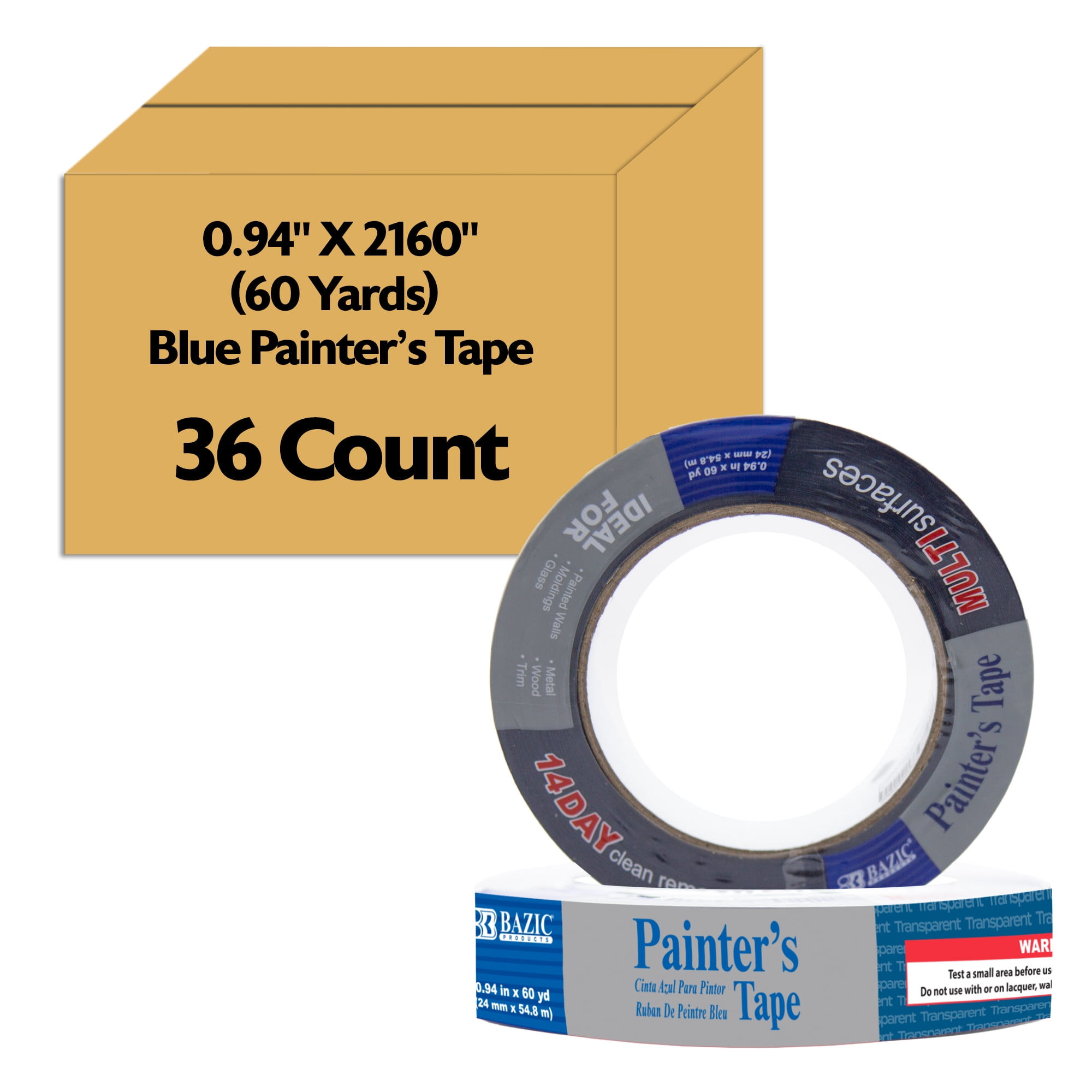 BAZIC Products Blue Painters Tape 0.94 Inches x 60 Yards, 36 Rolls, Blue Masking Tape Paint Tapes Easy Removal No Residue