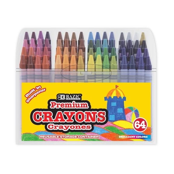 BAZIC Products Crayons 64 Count, Assorted Colors & Reusable Plastic Case, Crayon Set w/Sharpener, 12 Packs