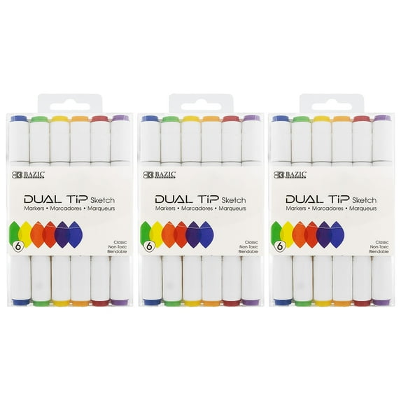 Bazic Alcohol-Based Marker Twin Tip Assorted Colors 6/Pack 3 Packs/Bundle (BAZ1229-3)
