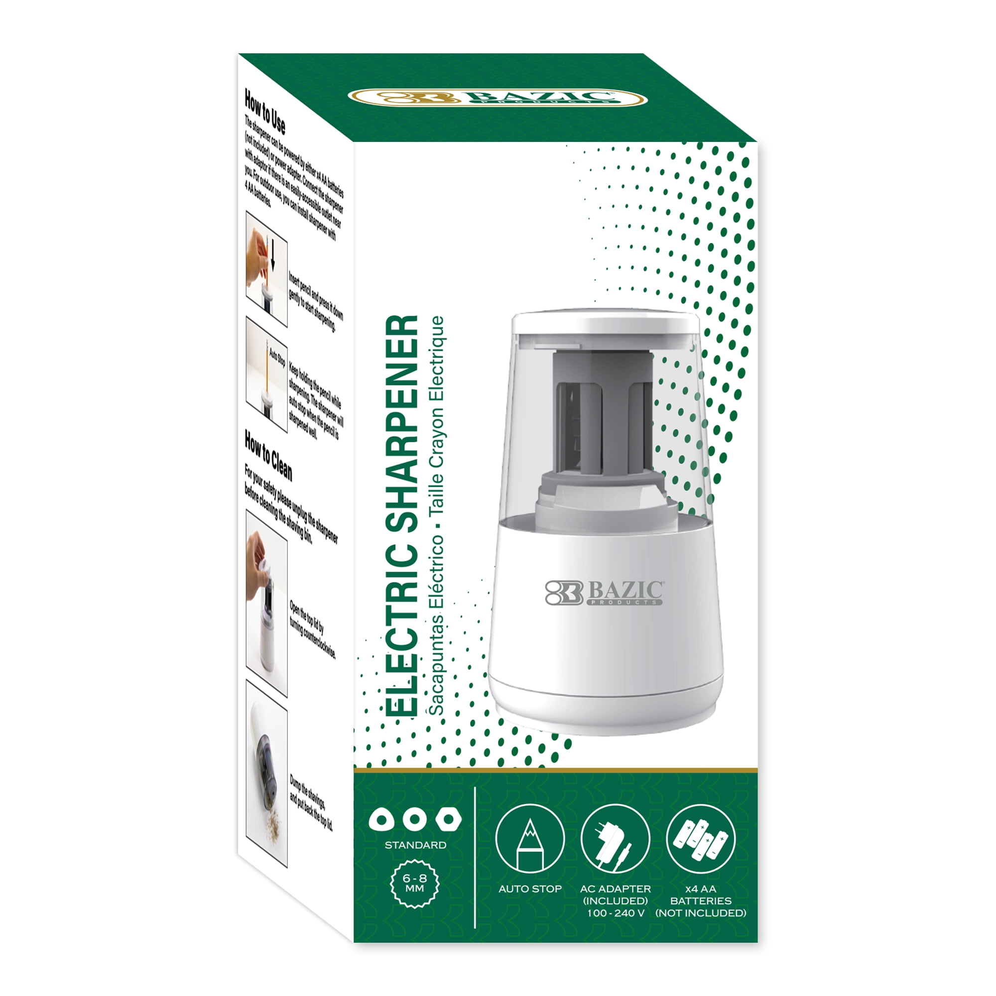 BAZIC Products Electric Pencil Sharpener, Auto Stop for No.2/Colored Pencils (6-8mm), AC Adapter/Battery Powered