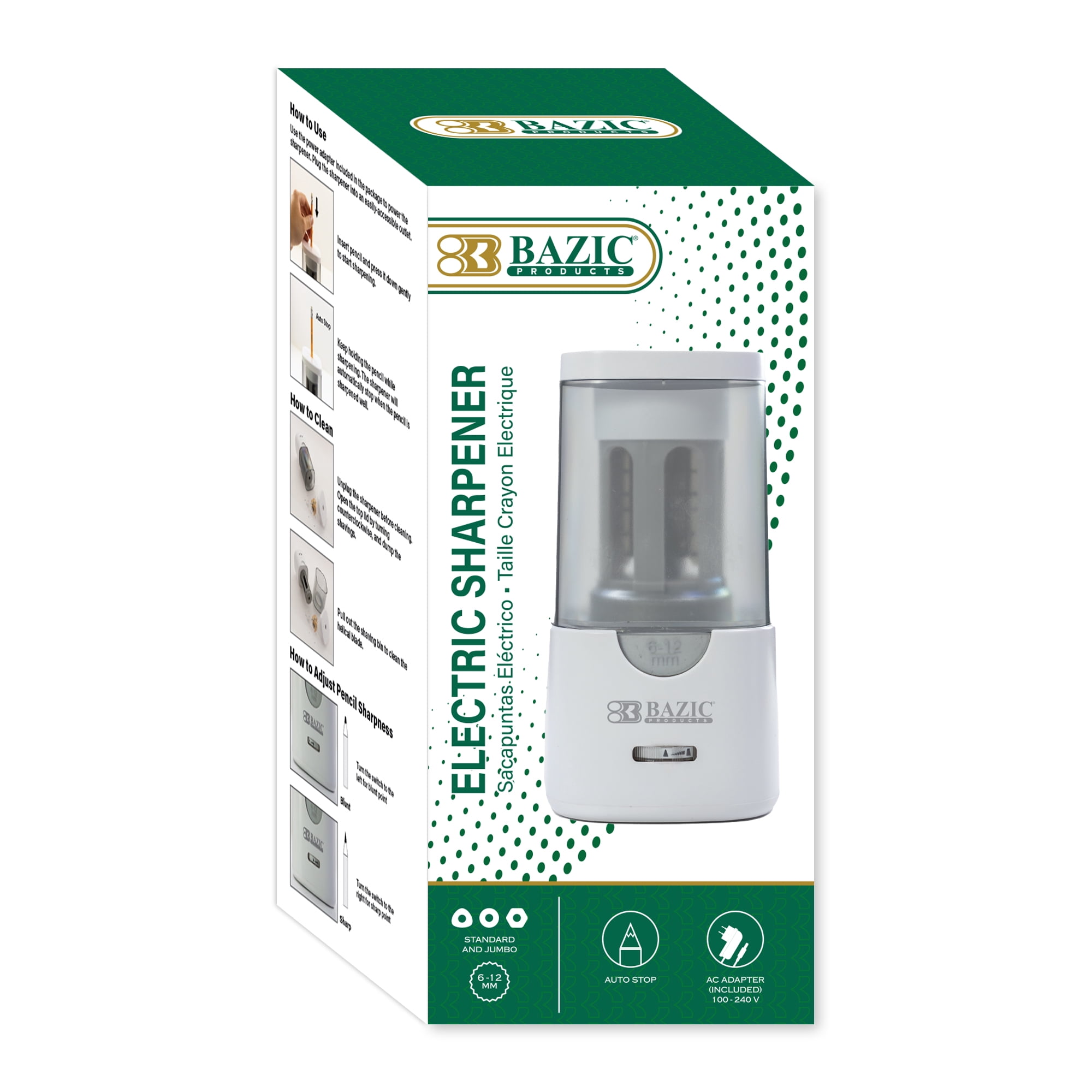 BAZIC Products Electric Pencil Sharpener, Auto Stop for Standard Jumbo No.2/Colored Pencils (6-12mm)