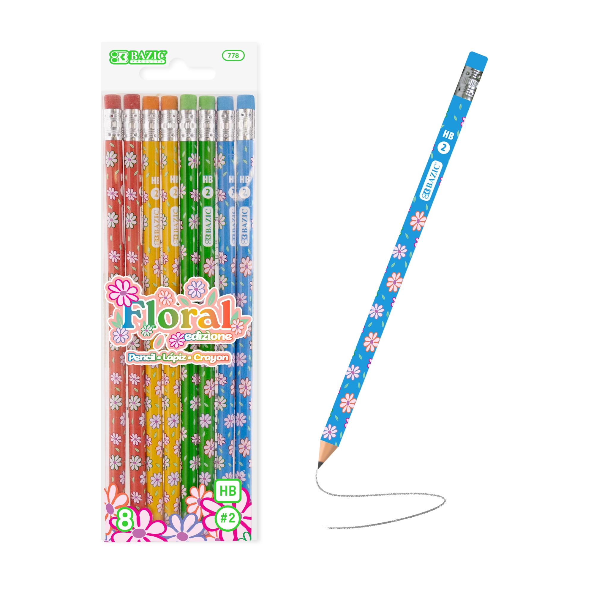 BAZIC Products Floral Pencils 24 Packs (192 Pcs), Assorted Colors, Wood-Cased #2 HB Pencil with Eraser, Cute Flower Pencils