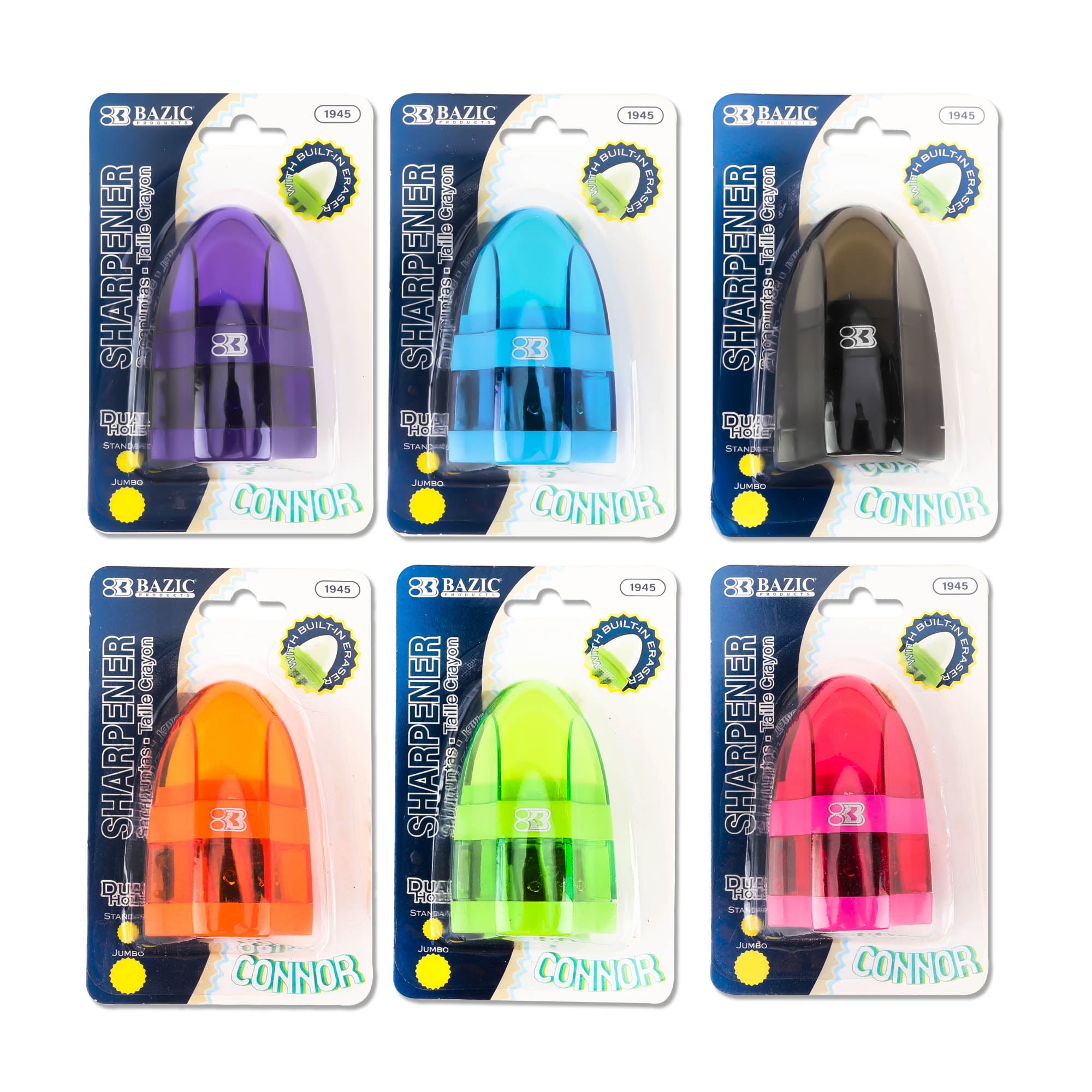 BAZIC Products Manual Pencil Sharpeners & Eraser, 144 Pack, Colorful 2 Sharpening Holes Sharpener with Eraser, Dual Hole