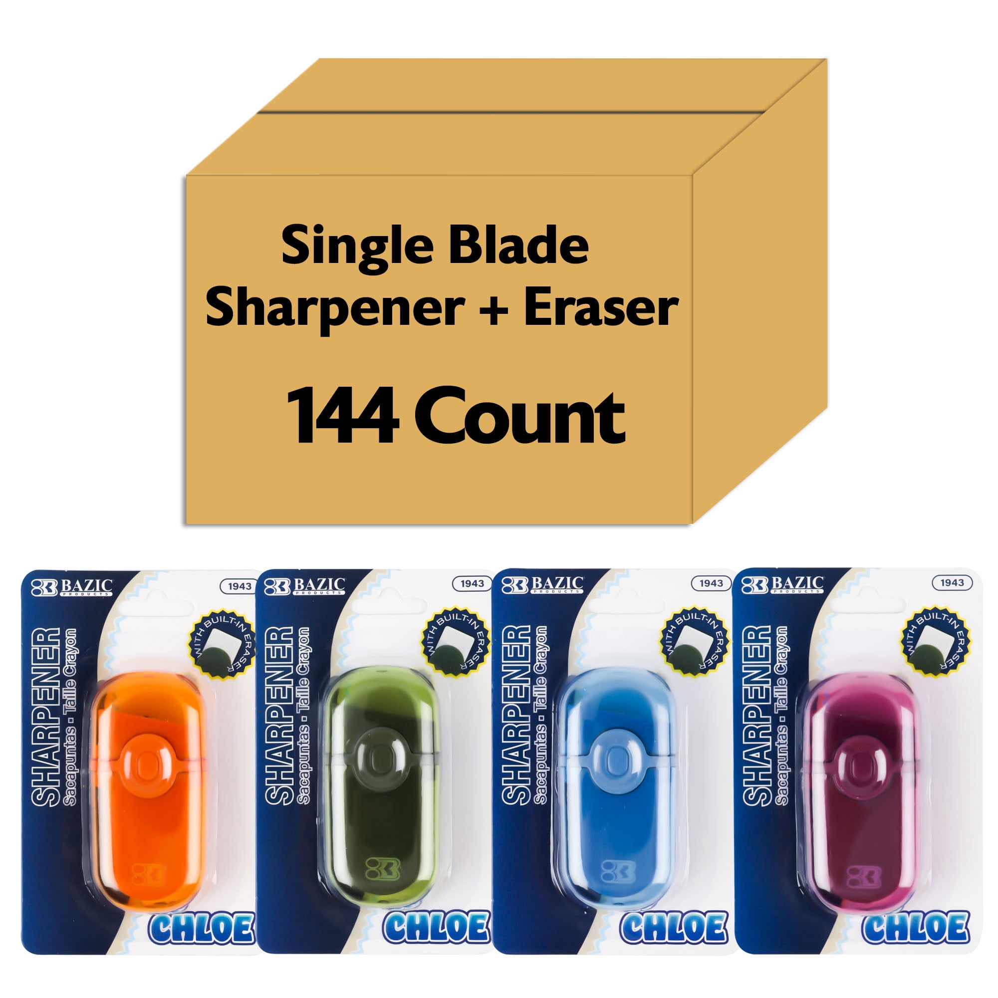 BAZIC Products Manual Pencil Sharpeners with Eraser, 144 Pack, Compact Small Colorful Erasers, One Hole