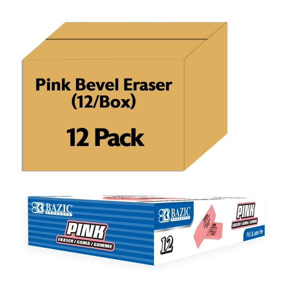 BAZIC Products Pink Eraser, Latex Free Bevel Erasers, Large Size Block Erasers, 12 Count Per Box, Total 144 Count