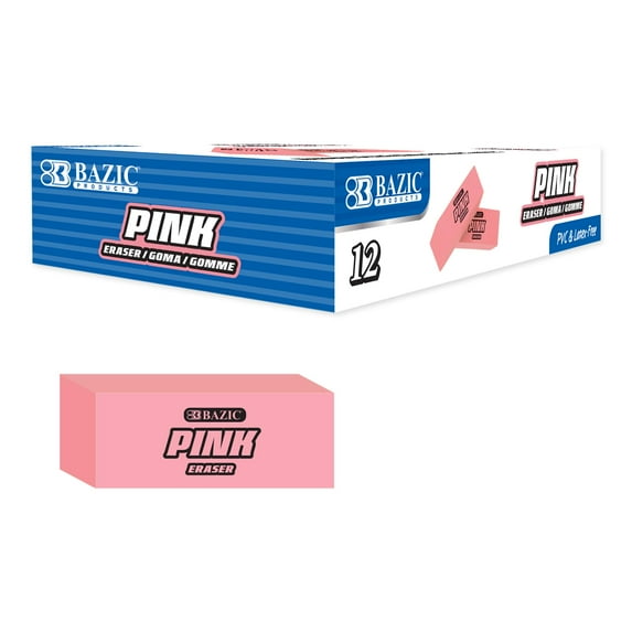 BAZIC Products Pink Eraser, Latex Free Bevel Erasers, Large Size Block Erasers, 12 Count Per Box