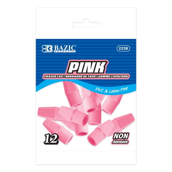 BAZIC Products Pink Eraser Top, Latex Free Pencil Tops Erasers (12/Pack), Total 12 Count