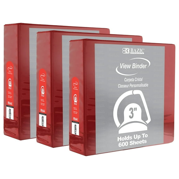 BAZIC Products Slant D Ring View Binder with 2 Pockets, 3", Burgundy, Pack of 3