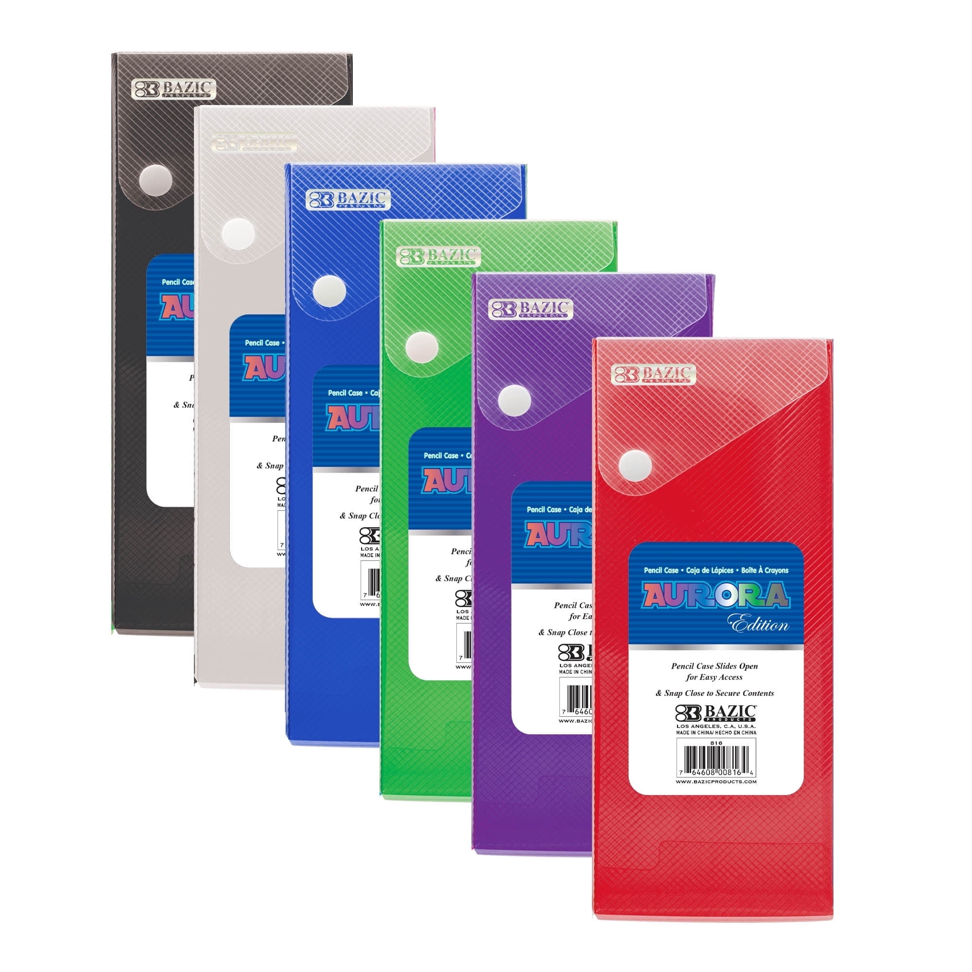 BAZIC Products Slider Pencil Cases with Snap Closure, Assorted Colors, 6 Count, 6 Pack