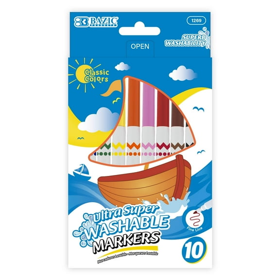 BAZIC Products Super Washable Markers Fine Line 10 Color, Thin Tip Coloring Marker, Non Toxic (10/Pack), 1-Pack