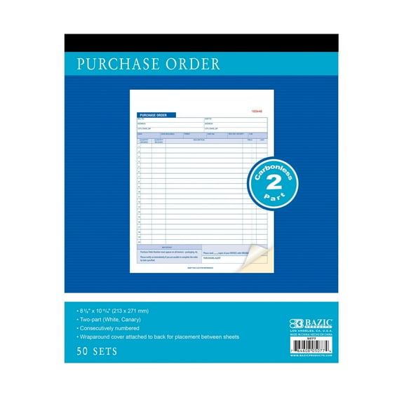 BAZIC Purchase Order Book, 30 Sets 8 3/8"x10 11/16" 2-Part Carbonless, 12-Packs