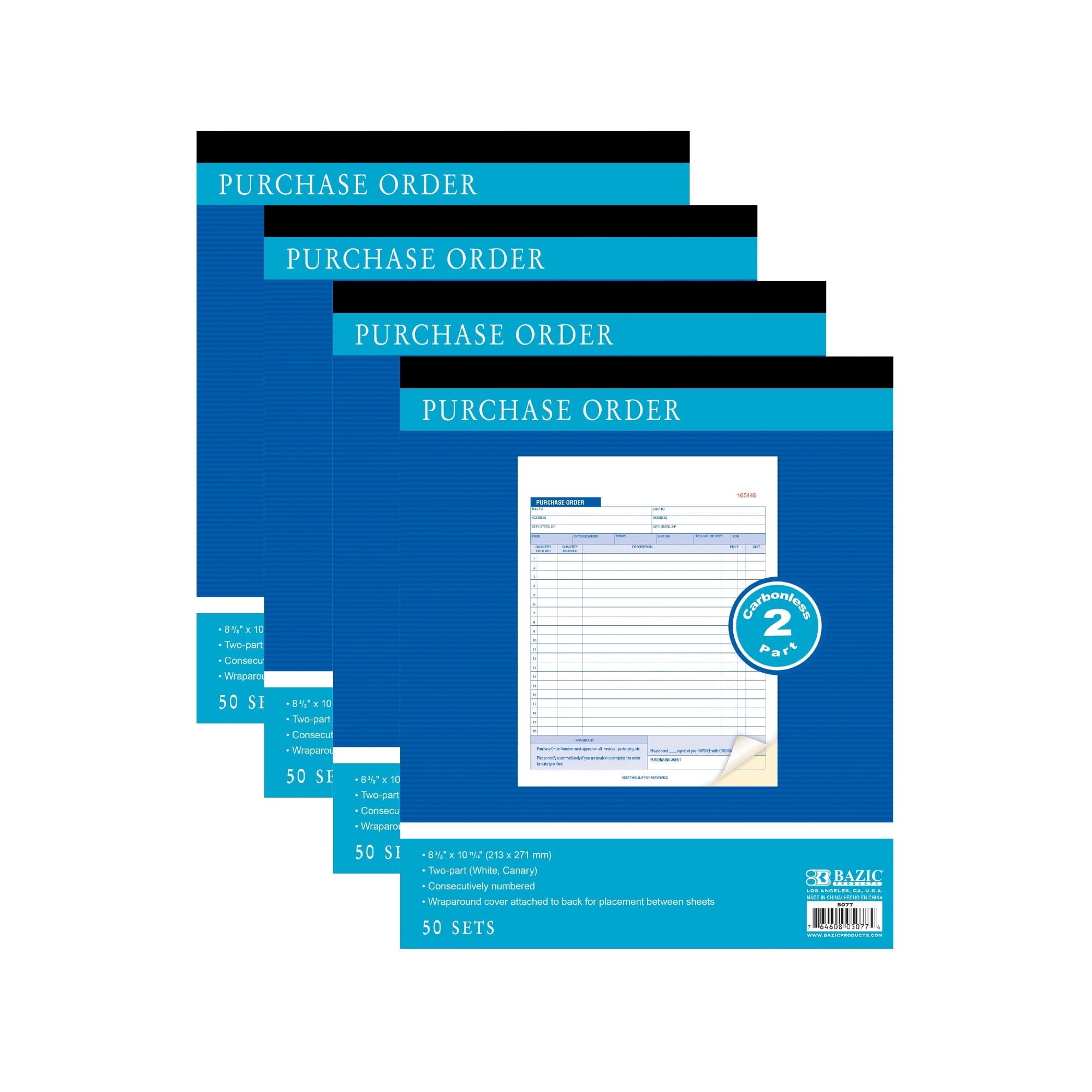 BAZIC Purchase Order Book, 30 Sets 8 3/8"x10 11/16" 2-Part Carbonless, 4-Pack