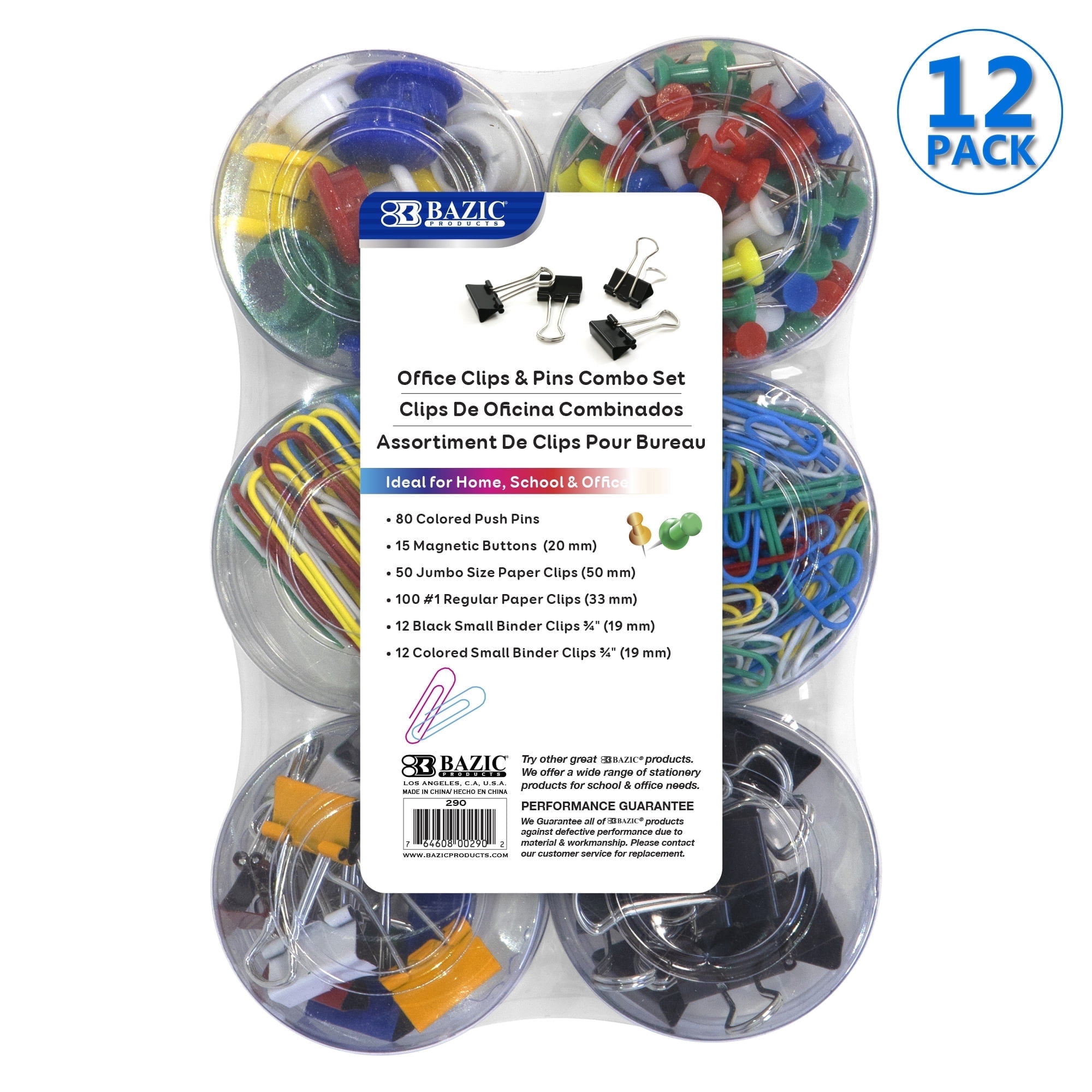 BAZIC Push Pin Binder Clip Magnet Button Paper Clips (269 Pcs/Pack), 12-Packs
