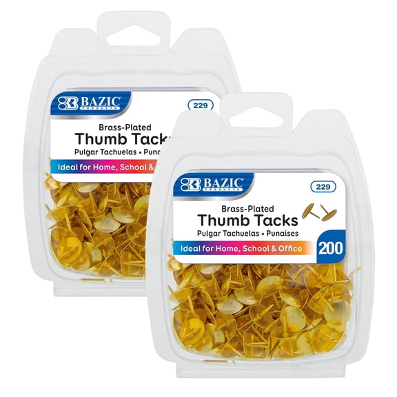 BAZIC Push Pins Gold Metallic Flat Head Steel Thumb Tacks (200/pack), 2-Packs