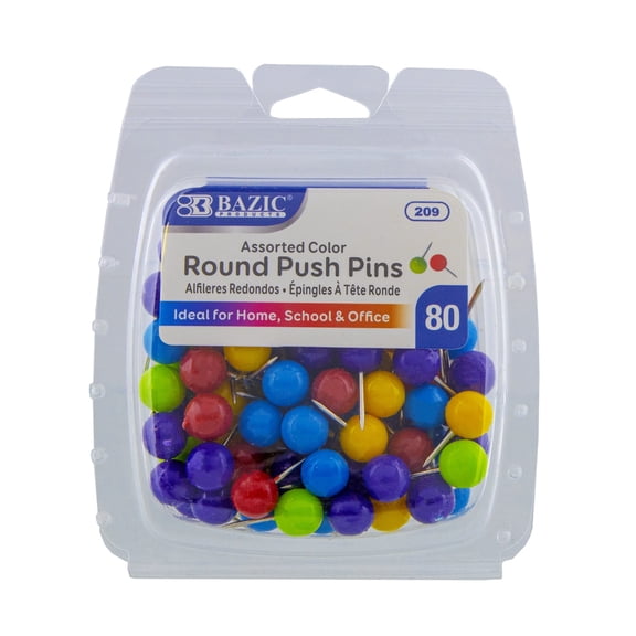 BAZIC Push Pins Round Plastic Head, Assorted Color (80/pack), 24-Packs