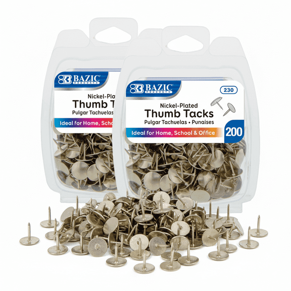 BAZIC Push Pins Silver Flat Head Steel Thumb Tacks (200/pack), 2-Packs