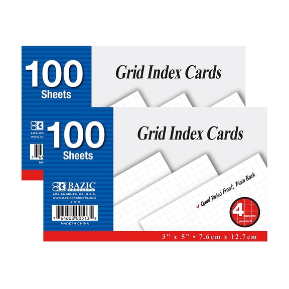 BAZIC Quad Ruled Index Cards 3" X 5" 200 Count, Squares 4-1" Graph Ruled (100/Pack), 2-Packs
