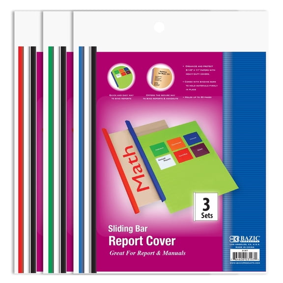 BAZIC Report Covers w/ Sliding Bar, Clear Front, Letter Size Plastic Folders (3/Pack), 144-Packs