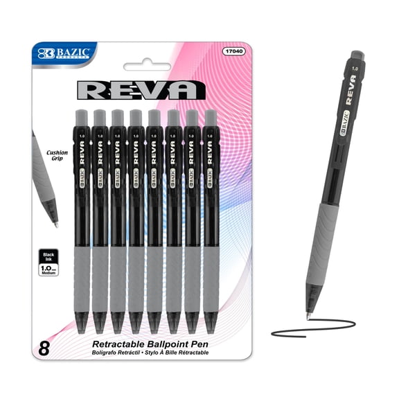 BAZIC Reva Ballpoint Pen Black Color Ink, Retractable Pens Cushion Grip, 1.0 mm Medium Point (8/Pack), 1-Pack