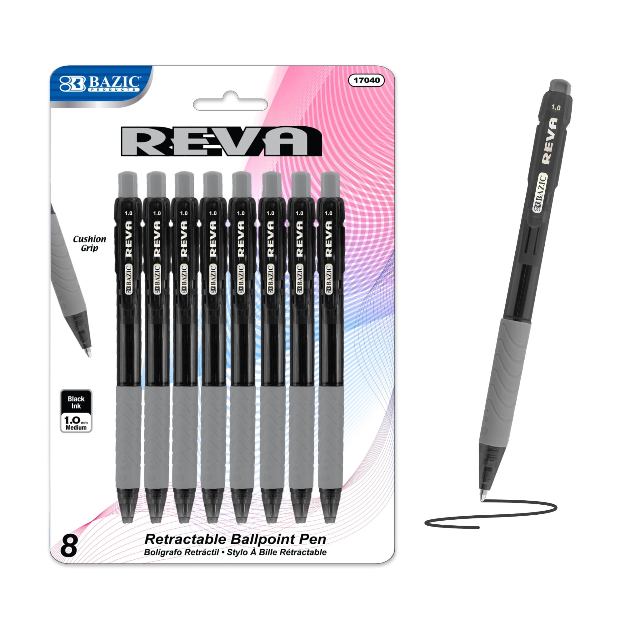 BAZIC Reva Ballpoint Pen Black Color Ink, Retractable Pens Cushion Grip, 1.0 mm Medium Point (8/Pack), 24-Pack
